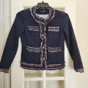 J.Crew Lady Jacket Tweed Navy Blue Liberty Floral Ruffle Trim Gold Buttons Sz 0